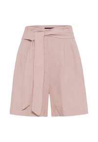 Vaaleanpunaiset pellavashortsit, joissa on korkea vyötärö, itsesitominen vyö, poimut edessä ja sileä rakenne.