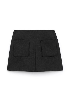 Dark gray skirt featuring a straight design with two large front pockets and a smooth, textured fabric. Back seam detail visible.