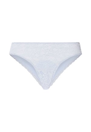 Weißer Spitzen-Bikini-Schnitt Damenunterwäsche mit Blumenmustern und gewellten Kanten an Seiten und Bund.