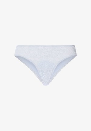 Weißer Spitzen-Bikini-Schnitt Damenunterwäsche mit Blumenmustern und gewellten Kanten an Seiten und Bund.