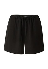 Zwarte shorts met een elastische tailleband en een trekkoord. Gemaakt van zachte stof, met een losse pasvorm en een gladde textuur.