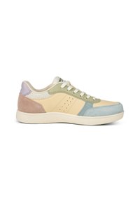 Bunt gefärbter Sneaker aus einer Mischung aus weichem Veloursleder und Leder in Pastellnuancen. Verfügt über ein strukturiertes Obermaterial, eine abgerundete Zehenpartie und ein Schnürdesign.