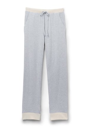 Ljusgrå mjukisbyxor tillverkade av mjukt tyg, med ett elastiskt midjeband med dragsko, sidofickor och krämfärgade muddar.