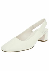 Sandal con tacco bianco a punta, realizzata in materiale sintetico liscio. Presenta un tacco basso a blocco e una fascia posteriore elasticizzata.