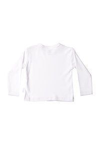 Long-sleeve white cotton shirt with a crew neckline, plain design, and sewing details at the sleeves and hem. No visible graphics or accents.
