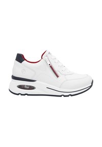 Valkoinen sneaker, jossa on teksturoitua nahkaa, laivaston sinisiä ja punaisia yksityiskohtia, pyöreä kärki, nauhakiinnitys edessä ja sivuvetoketju. Varustettu pehmustetulla pohjalla, jossa on ilma-aukko.