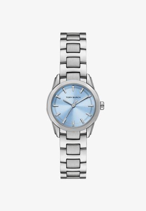 Sølvmetallur med en rund urskive, lyseblå skive og sølv time markører. Har et armbåndsdesign med kæde og logo på skiven.