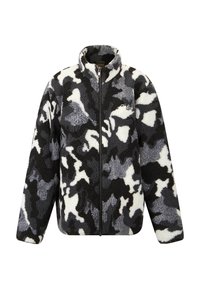 Giacca in fleece con motivo camouflage in nero, bianco e grigio; colletto alto, zip completa, texture morbida, vestibilità rilassata.
