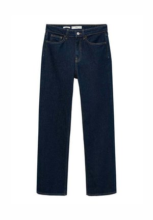 Tamno plave traperice s ravnim nogavicama, pet džepova i metalnim dugmetom na struku. Bez vidljivih uzoraka ili naglasaka.