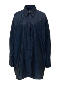 Navyblaues Langarmshirt aus leichtem Stoff, mit spitzem Kragen, einer Brusttasche und geknöpften Manschetten. Glatte Textur.