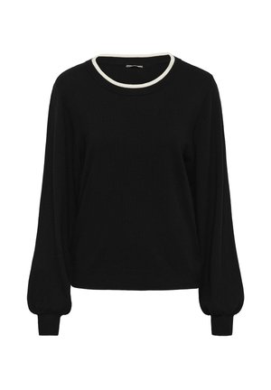 Suéter negro de manga larga con mangas abullonadas y un ribete blanco en el escote redondo, exhibido sobre un fondo blanco.