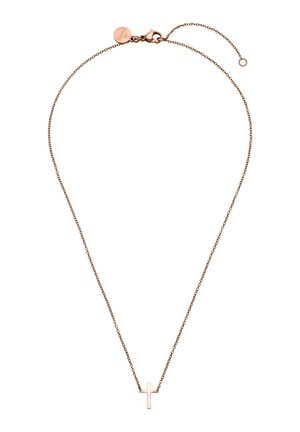 Zarte Halskette aus Roségold mit kleinem Kreuzanhänger und verstellbarem Karabinerverschluss.