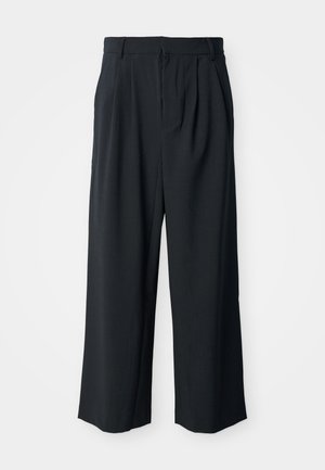 Pantalon noir taille haute à jambes larges avec plis avant et passants pour ceinture, avec fermeture avant dissimulée.