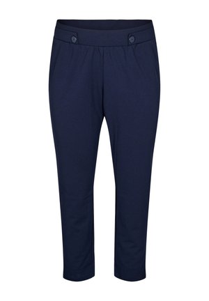 Navy blue cropped pants, made from soft fabric, featuring a stretchy waistband, two front buttons, and a slim leg design.