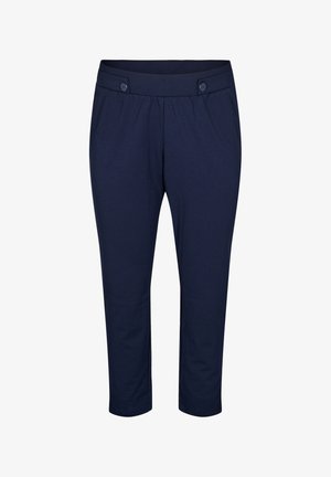 Navy blue cropped pants, made from soft fabric, featuring a stretchy waistband, two front buttons, and a slim leg design.