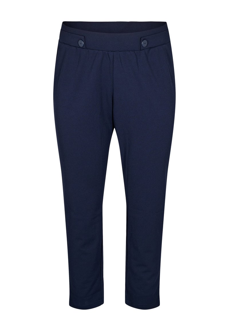 Pantaloni cropped blu navy, realizzati in tessuto morbido, con una cintura elasticizzata, due bottoni frontali e un design a gamba slim.