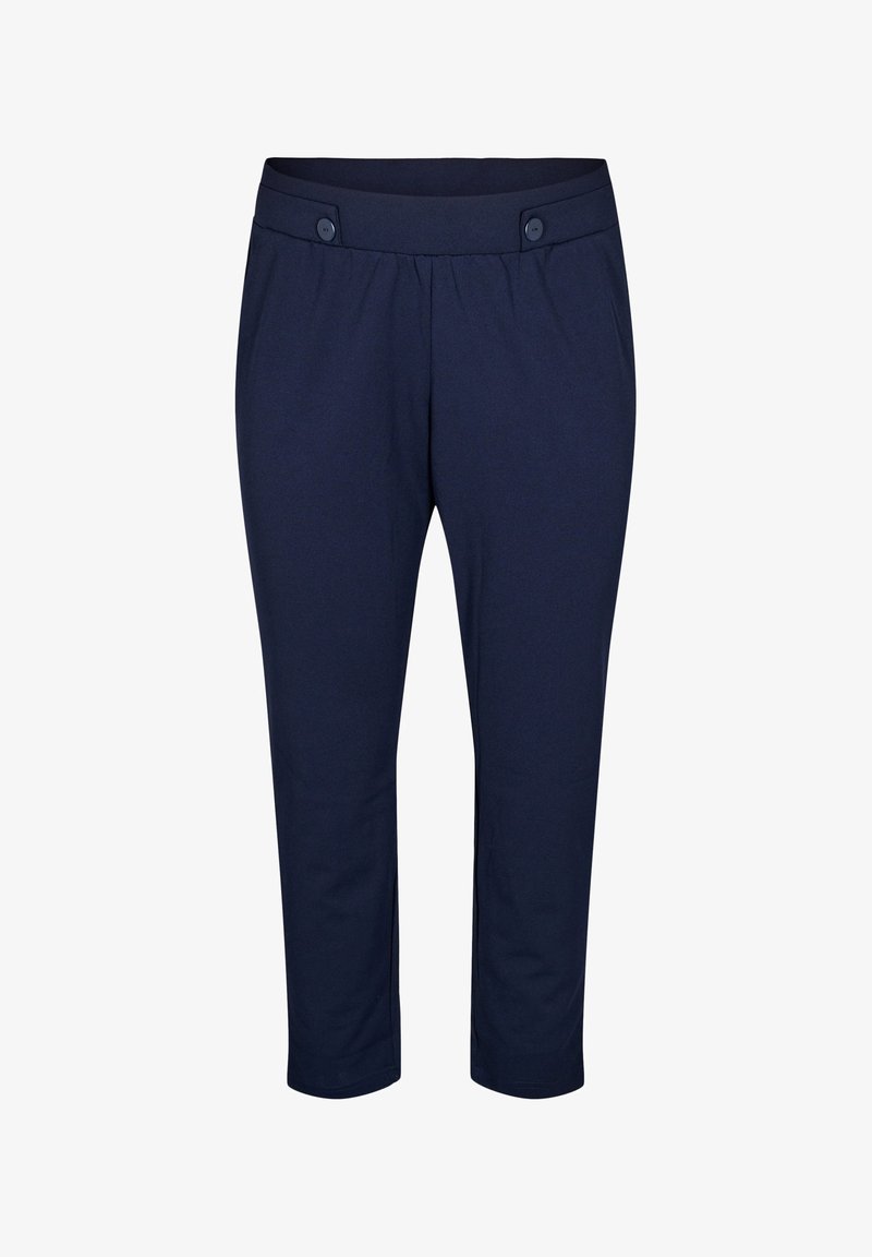 Pantaloni cropped blu navy, realizzati in tessuto morbido, con una cintura elasticizzata, due bottoni frontali e un design a gamba slim.