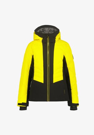 Gelbe und schwarze isolierte Jacke mit Kapuze, ausgestattet mit einem frontalen Reißverschluss, kontrastierenden vertikalen Streifen und verstellbaren Manschetten.