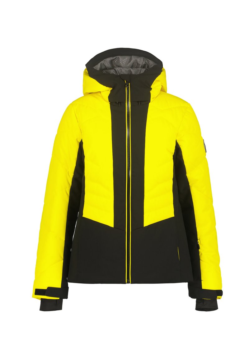 Gelbe und schwarze isolierte Jacke mit Kapuze, ausgestattet mit einem frontalen Reißverschluss, kontrastierenden vertikalen Streifen und verstellbaren Manschetten.