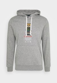 Sudadera gris hecha de una tela suave, con un gráfico de un perro vestida con una camiseta y pantalones cortos. Incluye un bolsillo frontal y capucha con cuerda.