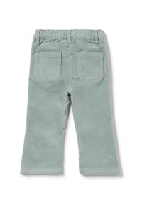 Groene corduroybroek met een elastische tailleband, twee achterzakken en een flared design. Soepele textuur en stevige stiksels.