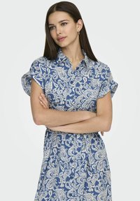 Abito blu con motivo a fiori e paisley, maniche corte, colletto e chiusura con bottoni frontali.