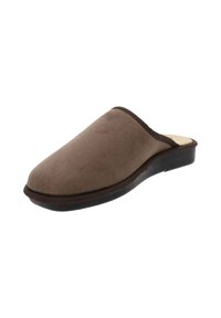 Pantofole marroni in suede, con punta arrotondata, rivestimento interno morbido e suola in gomma testurizzata antiscivolo. Bordate con un profilo marrone scuro.