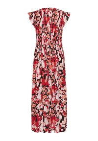Robe florale rouge et noire avec des manches courtes volantées, un corsage smocké et une jupe fluide. Présente un motif abstrait audacieux.