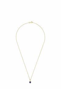 Collar en tono dorado con una delicada cadena y un pequeño colgante en forma de corazón azul con un acabado pulido.