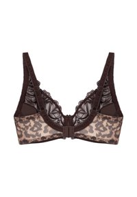 Braunes Bralette mit Spitzenbesatz und Leopardenmuster-Unterstoff. Verfügt über verstellbare Träger und einen Haken-Ösen-Verschluss am Rücken.