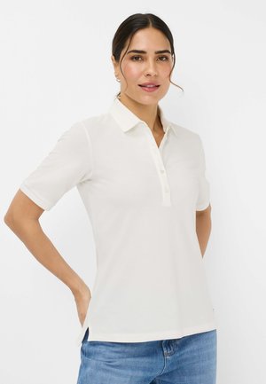 Polo shirt in off-white, korte mouwen, met een knoopsluiting en een klassieke kraag. De stof lijkt glad met een lichte glans.