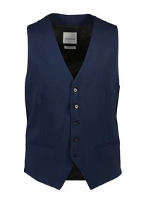 Marinblå väst i slätt tyg med v-ringning, fem svarta knappar och två framfickor. Texturerad svart foder synligt inuti.