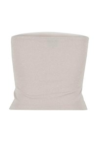 Écharpe tubulaire stretch semi-opaque de couleur rose clair avec une texture légèrement pailletée et des bords lisses, conçue pour un port polyvalent et apporter de la chaleur.