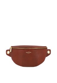 Borsa in pelle marrone texturizzata con una forma arrotondata, zip dorata e manici tondeggianti. Presenta un logo discreto sul davanti.