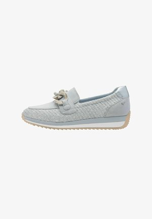 Light blue slip-on shoes with woven texture, decorative tie, and contrasting rubber sole. Features a solid blue heel and light rubber outsole.