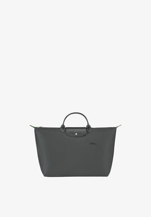 Dark gray tote bag made of smooth nylon with two handles, zip closure, and a small logo detail. Features a green accent on the zipper.