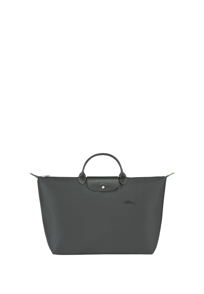 Dark gray tote bag made of smooth nylon with two handles, zip closure, and a small logo detail. Features a green accent on the zipper.