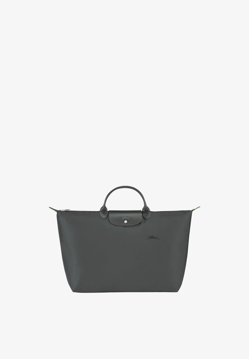 Dark gray tote bag made of smooth nylon with two handles, zip closure, and a small logo detail. Features a green accent on the zipper.