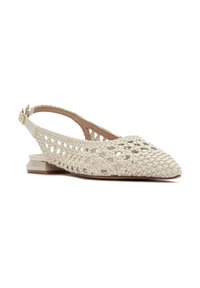 Woven beige slingback shoe with a pointed toe, featuring a low block heel and open design. Material offers a textured, breathable finish.