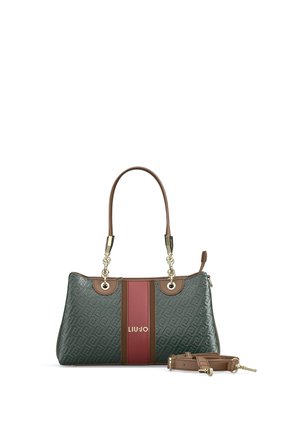 Borsa verde scuro con manici marroni, striscia verticale rossa al centro, ferrature dorate e tracolla marrone staccabile su sfondo bianco.