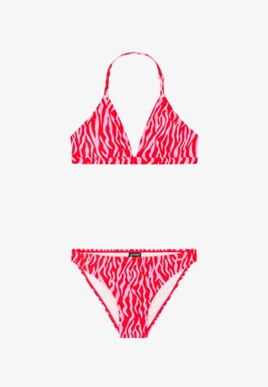 Rode en roze bikini met zebraprint, bestaande uit een triangel haltertop en bijpassende low-rise broekjes.