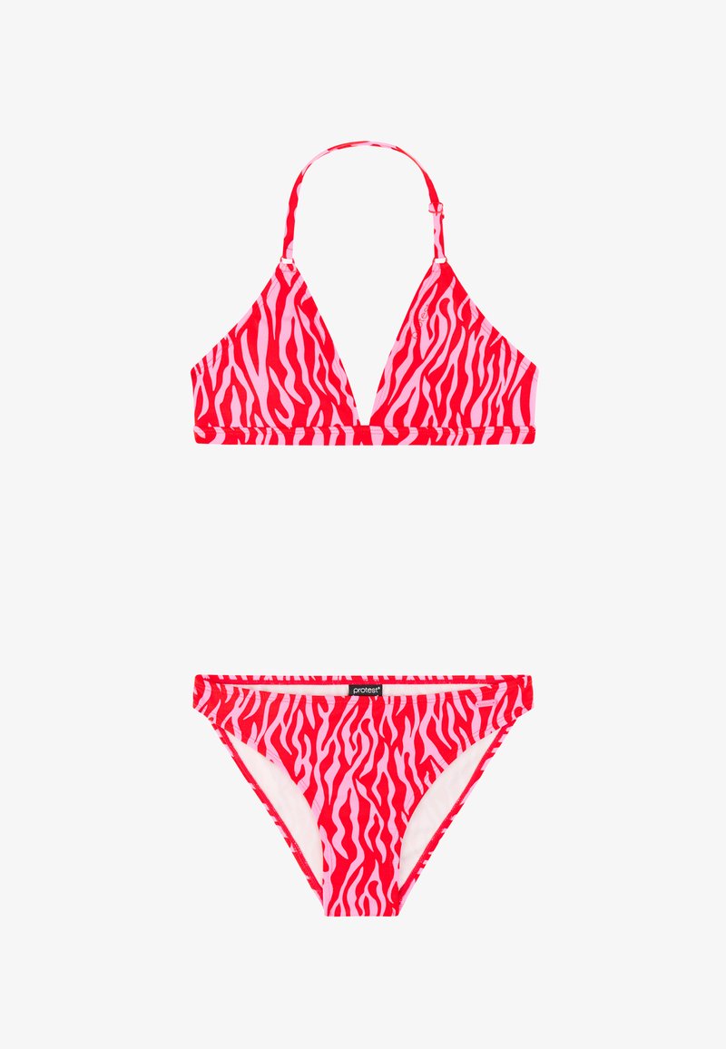 Roter und rosa Bikini mit Zebramuster, bestehend aus einem Triangel-Halter-Top und passenden Hüftslips.