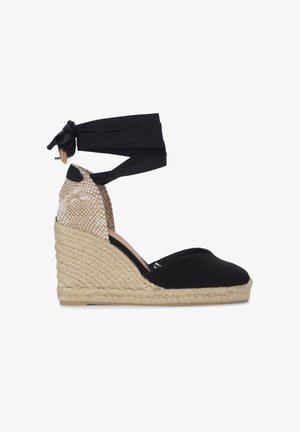 Espadrile cu toc wedge din canava neagră, cu talpă din jute țesut și accente bej cu modele. Dispune de legături din țesătură neagră la glezne pentru o fixare sigură.