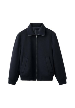Giacca zip-up blu navy con colletto, due tasche frontali, polsini a costine e orlo a costine. Realizzata in un tessuto liscio e strutturato.