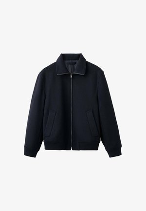 Dunkelblaue Zip-Jacke mit Kragen, zwei frontalen Taschen, gerippten Bündchen und Saum. Hergestellt aus einem glatten, strukturierten Stoff.