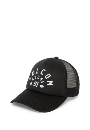 Czarna czapka z zakrzywionym daszkiem, siateczkowym tyłem i białym logo "VOLCOM". Posiada usztywnioną przednią panel i regulowany pasek dla lepszego dopasowania.