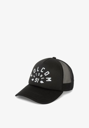 Gorra negra con visera curvada, parte trasera de malla y logo blanco de "VOLCOM". Cuenta con un panel frontal estructurado y correa ajustable para un mejor ajuste.