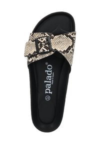 Slide-sandaal met een beige slangenprint bovenwerk en een brede band met een zwarte gesp. Zachte zwarte voetbed voor comfort. Gemaakt in Spanje.