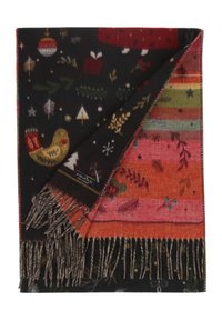 Écharpe en laine pliée avec des motifs festifs comprenant des oiseaux, des arbres, des boîtes cadeaux et des flocons de neige, dans des tons noirs, rouges, orange et verts avec des franges.