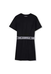 Μαύρο βαμβακερό φόρεμα με κοντά μανίκια και στρογγυλή λαιμόκοψη, με λευκή ελαστική μέση με το λογότυπο "KARL LAGERFELD".